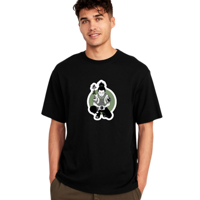 Man wearing black Shikamaru T-shirt with anime character graphic in green circle