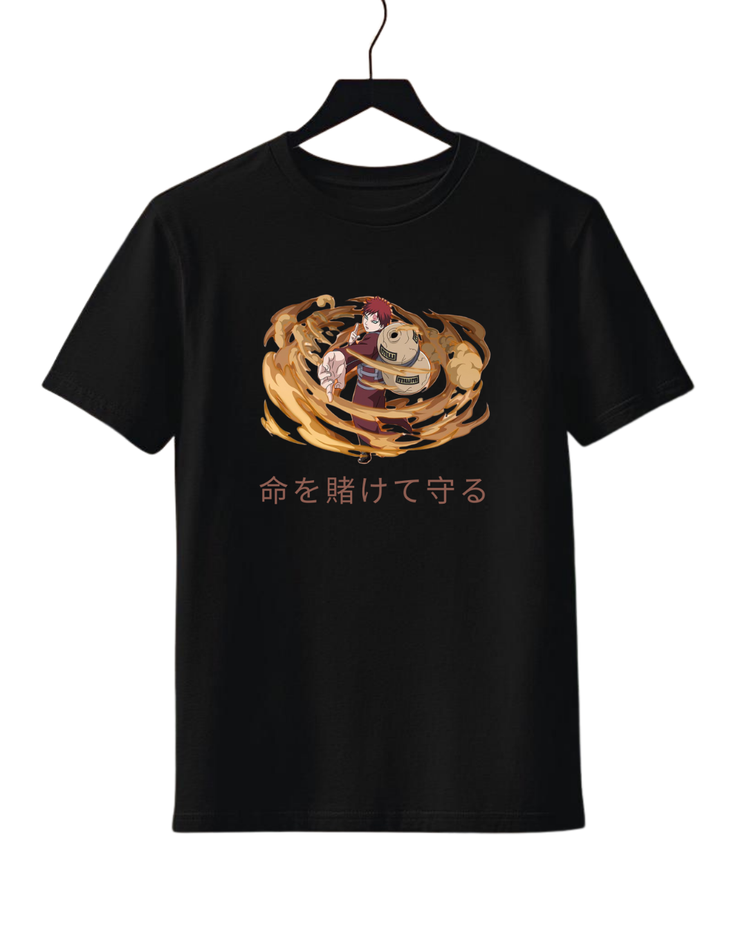Gaara Black t-shirt with a graphic design on a hanger