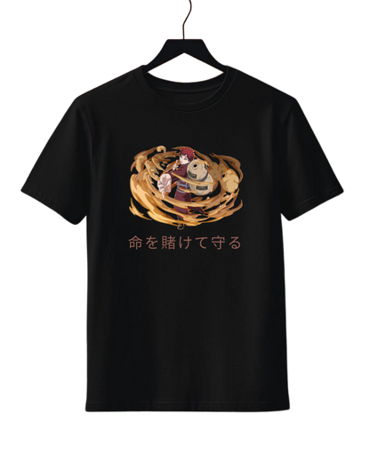 Gaara Black t-shirt with a graphic design on a hanger