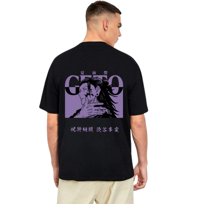 Person wearing a Geto Suguru black t-shirt with a purple graphic design on the back