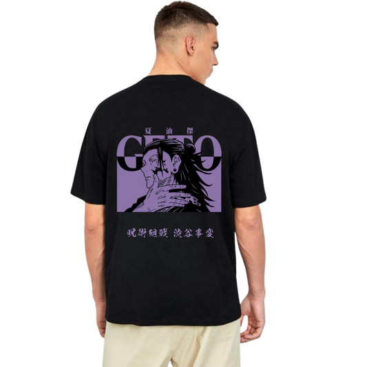 Person wearing a Geto Suguru black t-shirt with a purple graphic design on the back