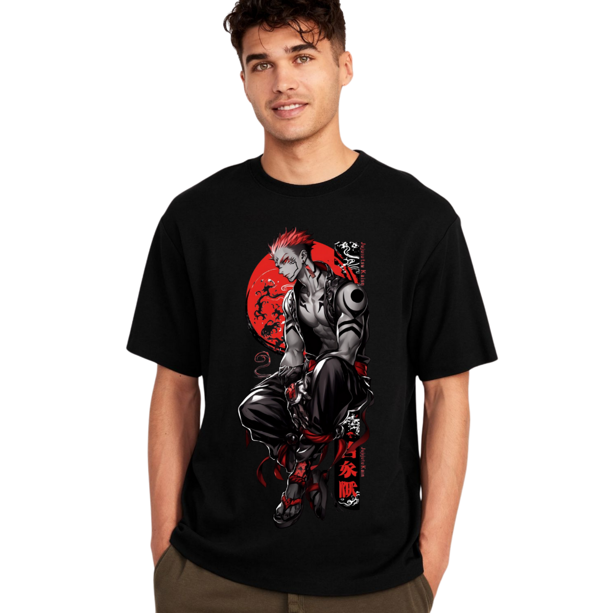 Man wearing a Ryomen Sukuna black t-shirt with a graphic design 