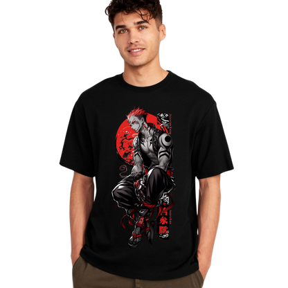 Man wearing a Ryomen Sukuna black t-shirt with a graphic design 