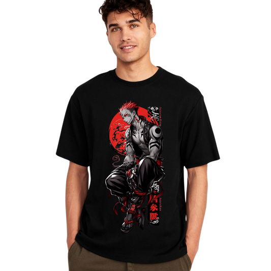 Man wearing a Ryomen Sukuna black t-shirt with a graphic design 