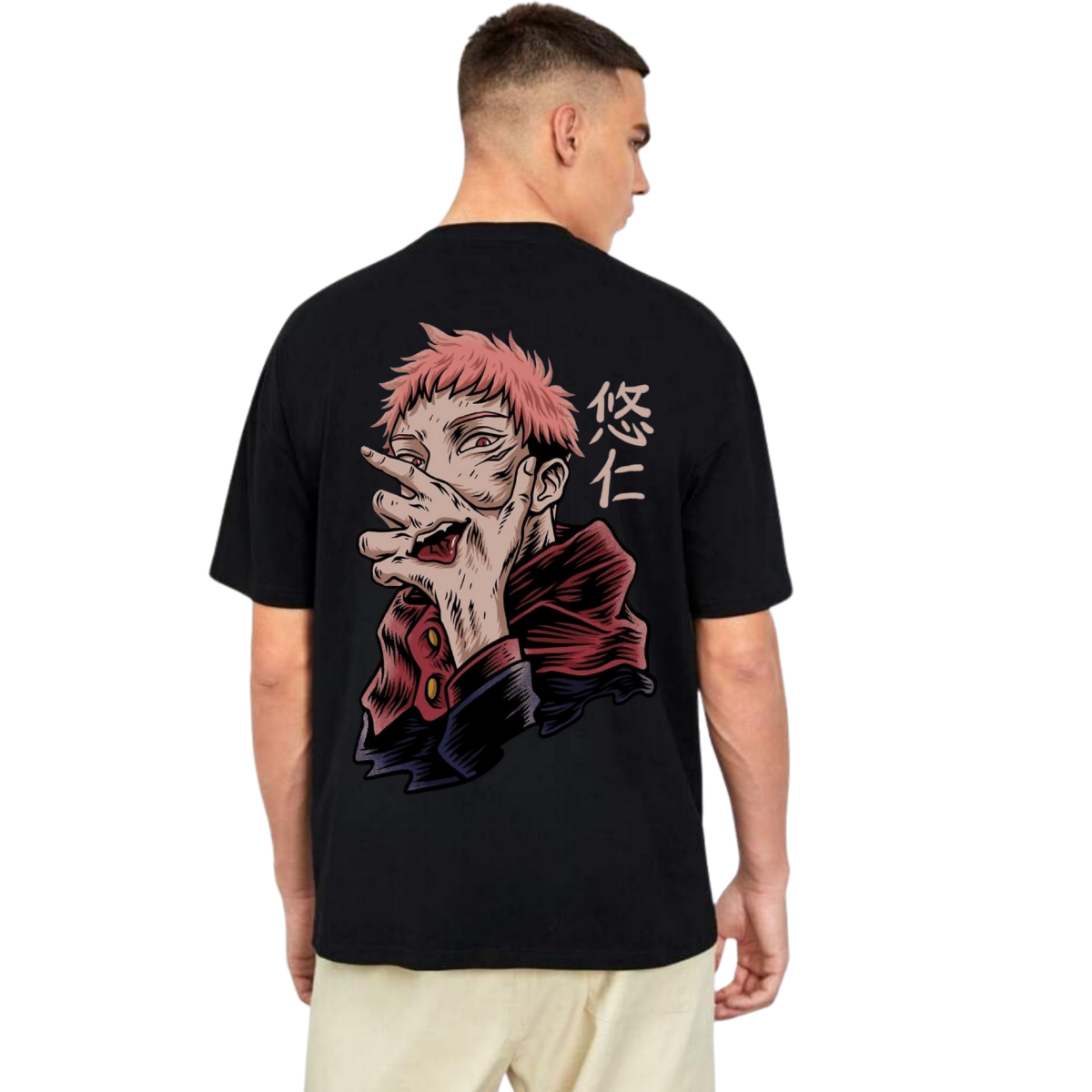 Person wearing a yuji itadori black t-shirt with an anime-style design on the back
