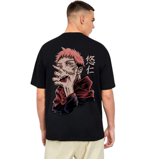 Person wearing a yuji itadori black t-shirt with an anime-style design on the back