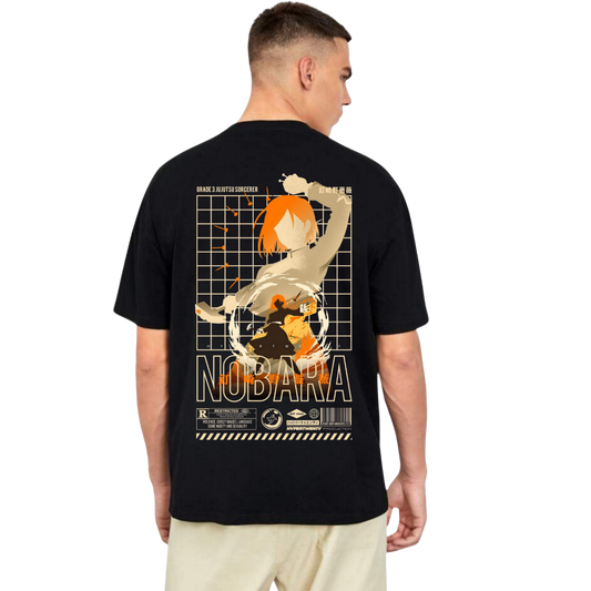 Person wearing a Nobara Kugisaki t-shirt with a graphic design on the back