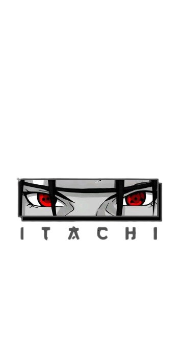 Design with red eyes and the word 'Itachi' on a white background