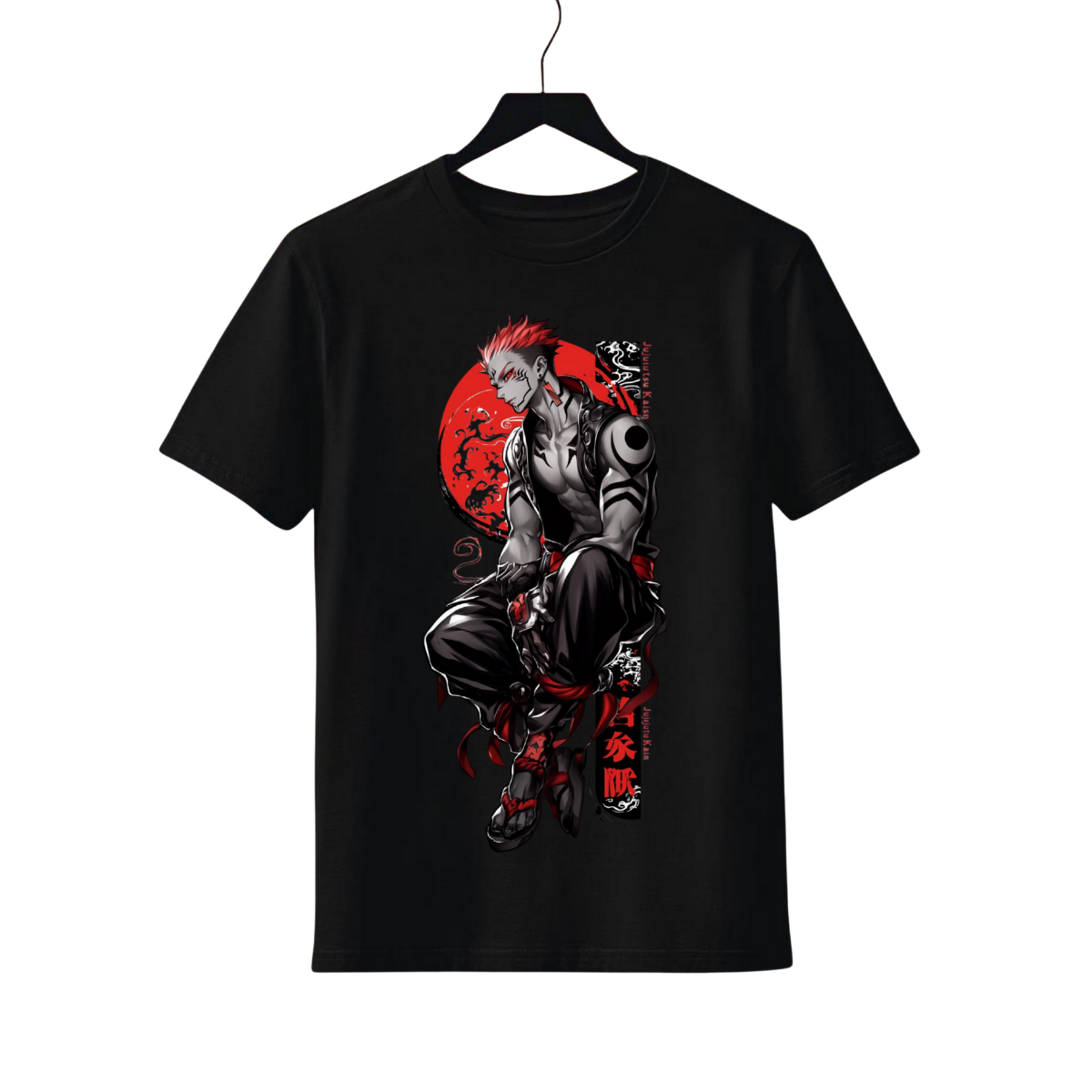 Ryomen Sukuna Black t-shirt with a graphic design of a warrior on a red sun background