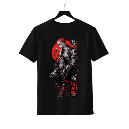 Ryomen Sukuna Black t-shirt with a graphic design of a warrior on a red sun background