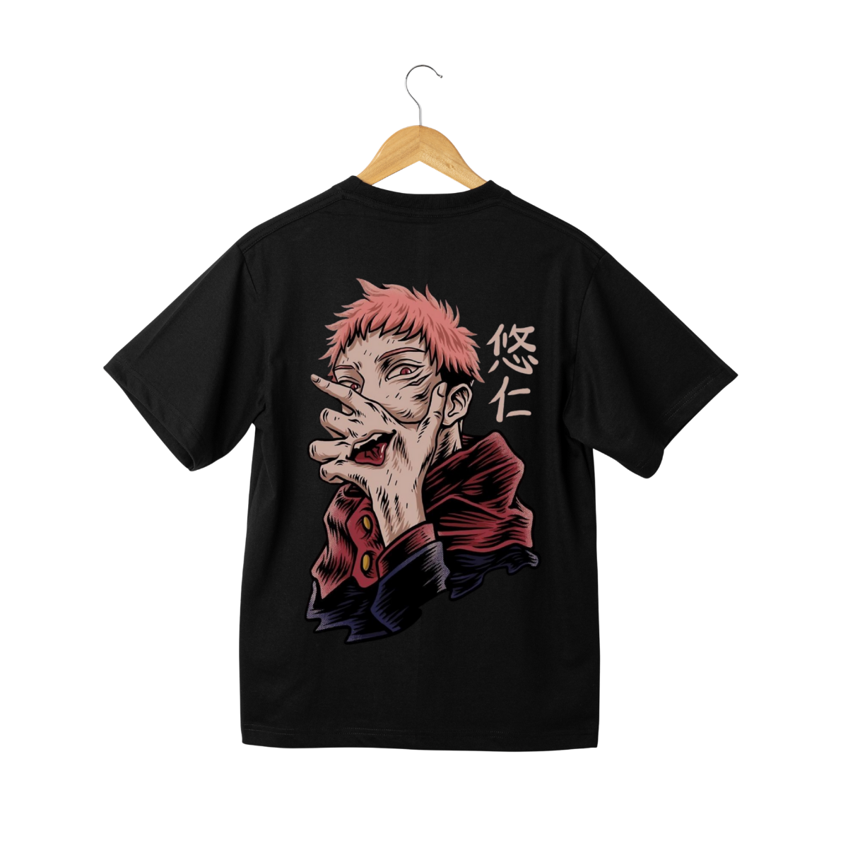 yuji itadori Black t-shirt with a graphic design on the back, featuring a character with red hair and a hand covering their mouth, on a white background.