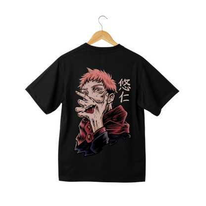 yuji itadori Black t-shirt with a graphic design on the back, featuring a character with red hair and a hand covering their mouth, on a white background.