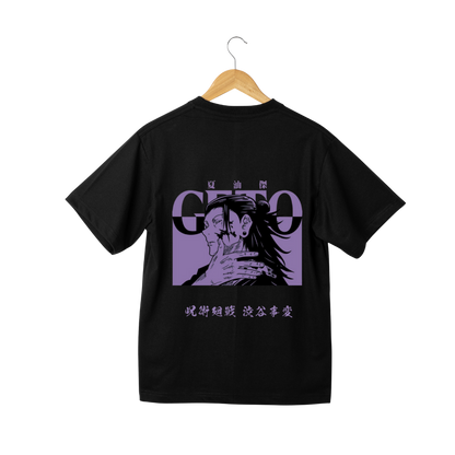 Geto Suguru Black t-shirt with purple graphic design on a hanger against a white background