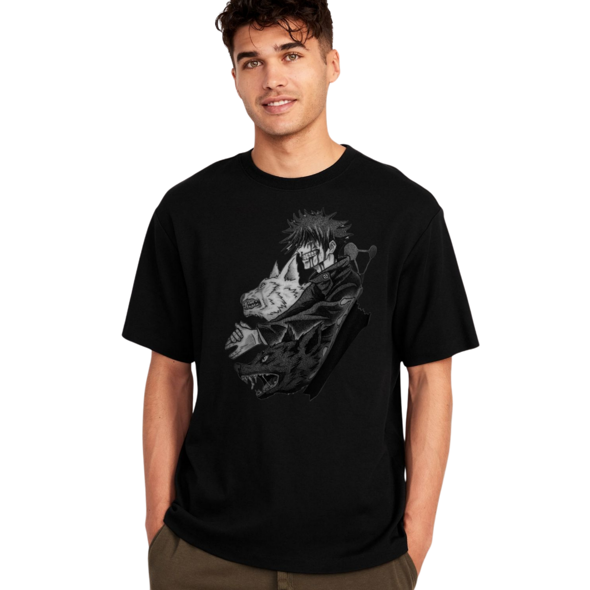 Man wearing a Megumi Fushiguro t-shirt with a graphic design on a white background