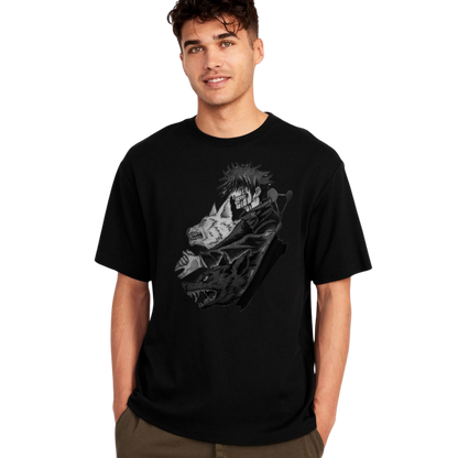 Man wearing a Megumi Fushiguro t-shirt with a graphic design on a white background
