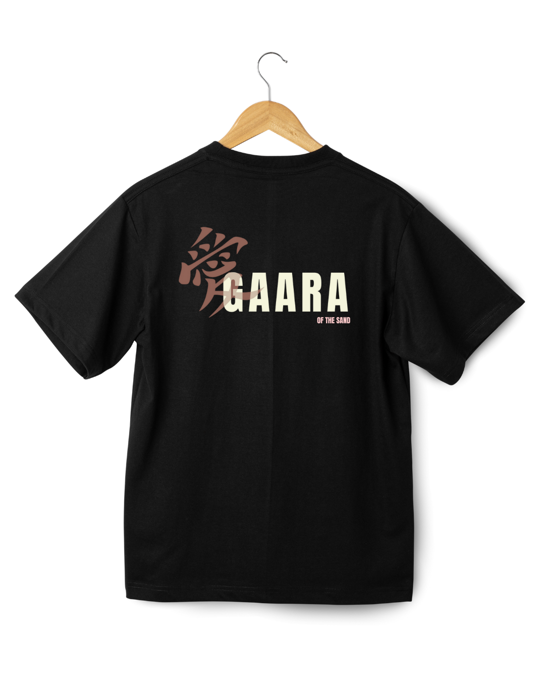 Gaara Black t-shirt with 'GAARA' text and logo on a wooden hanger against a white background