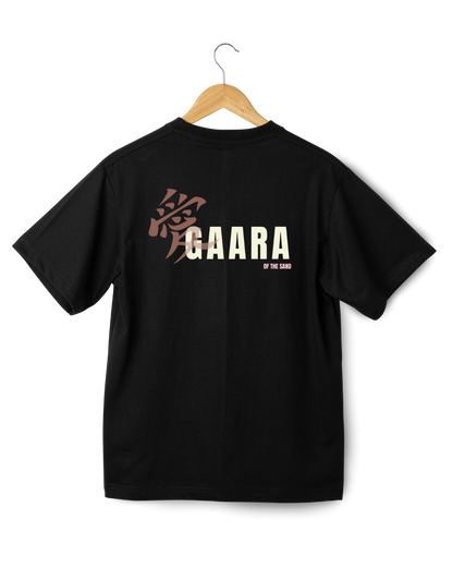 Gaara Black t-shirt with 'GAARA' text and logo on a wooden hanger against a white background