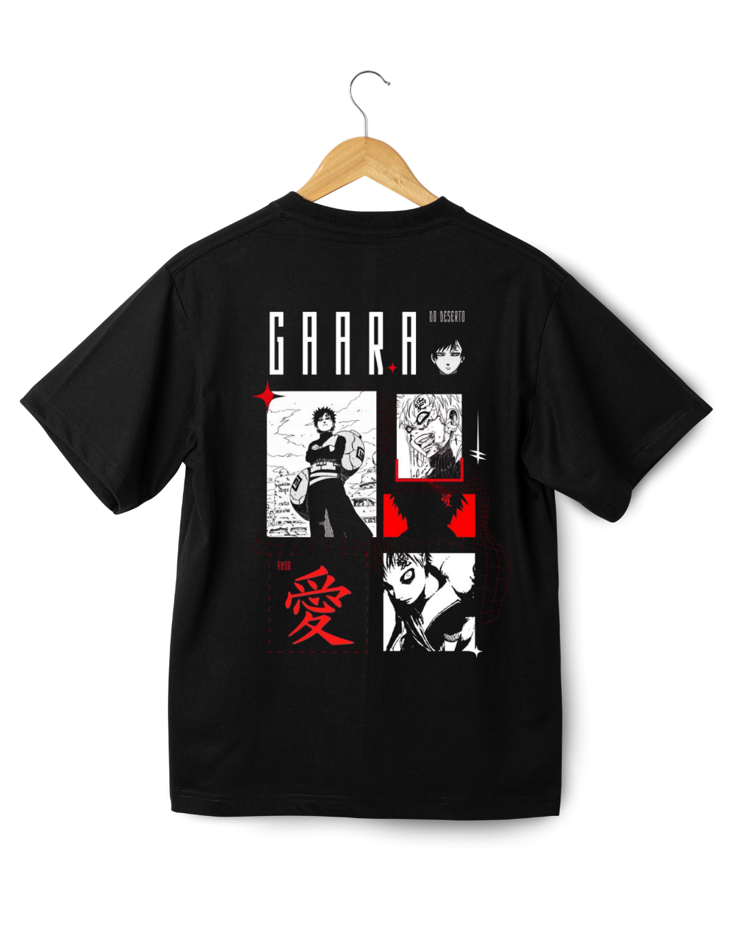 Gaara Black t-shirt with graphic design on a hanger against a white background