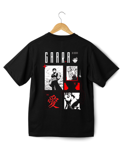 Gaara Black t-shirt with graphic design on a hanger against a white background