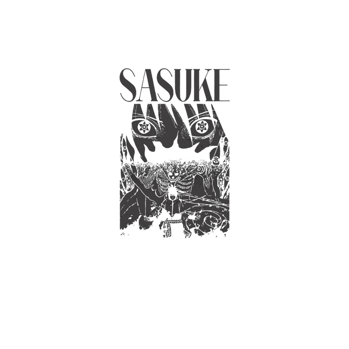 Black and white illustration with 'Sasuke' text on a white background