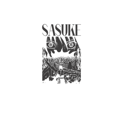 Black and white illustration with 'Sasuke' text on a white background
