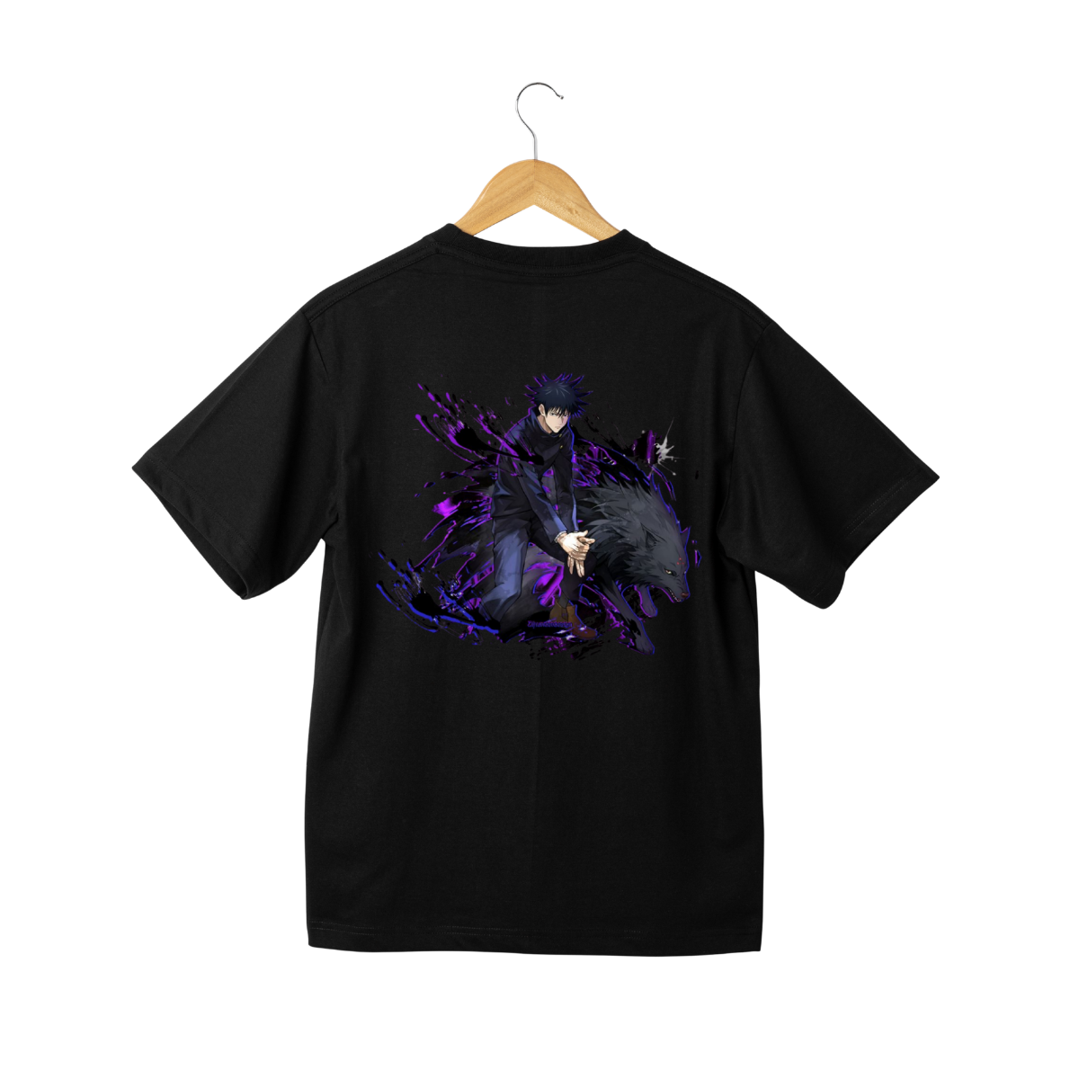 Megumi Fushiguro Black t-shirt with an anime character design on a hanger against a white background