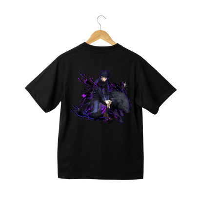 Megumi Fushiguro Black t-shirt with an anime character design on a hanger against a white background