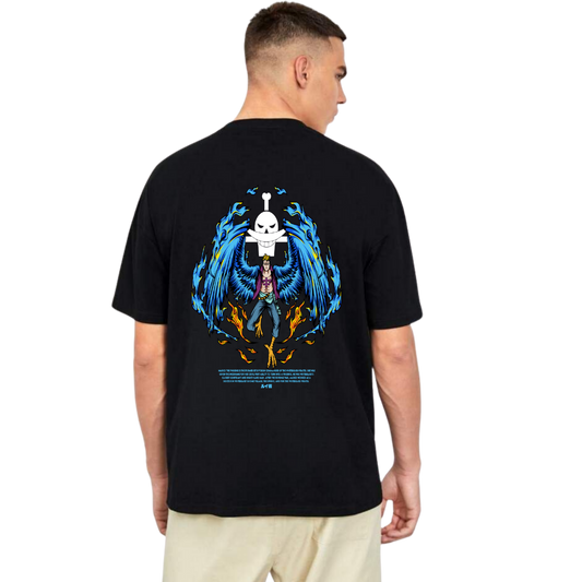 Person wearing a Marco black t-shirt with a colorful graphic design on the back