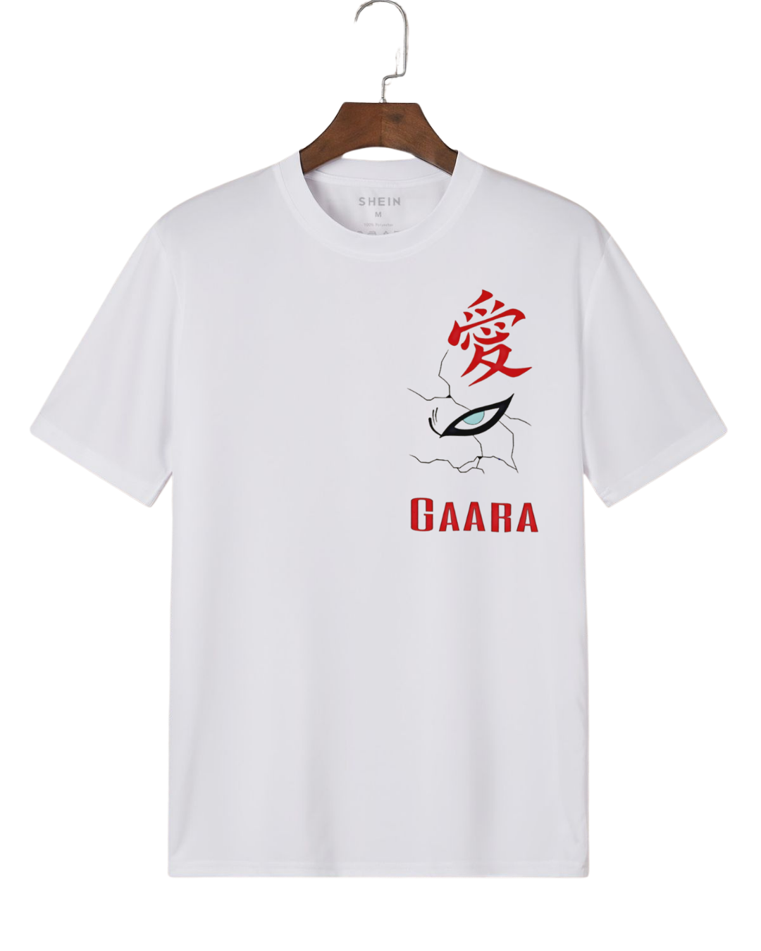 Gaara White t-shirt with red and black design on a hanger against a white background