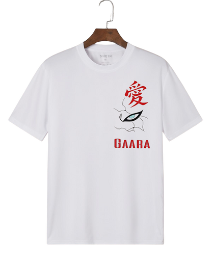 Gaara White t-shirt with red and black design on a hanger against a white background
