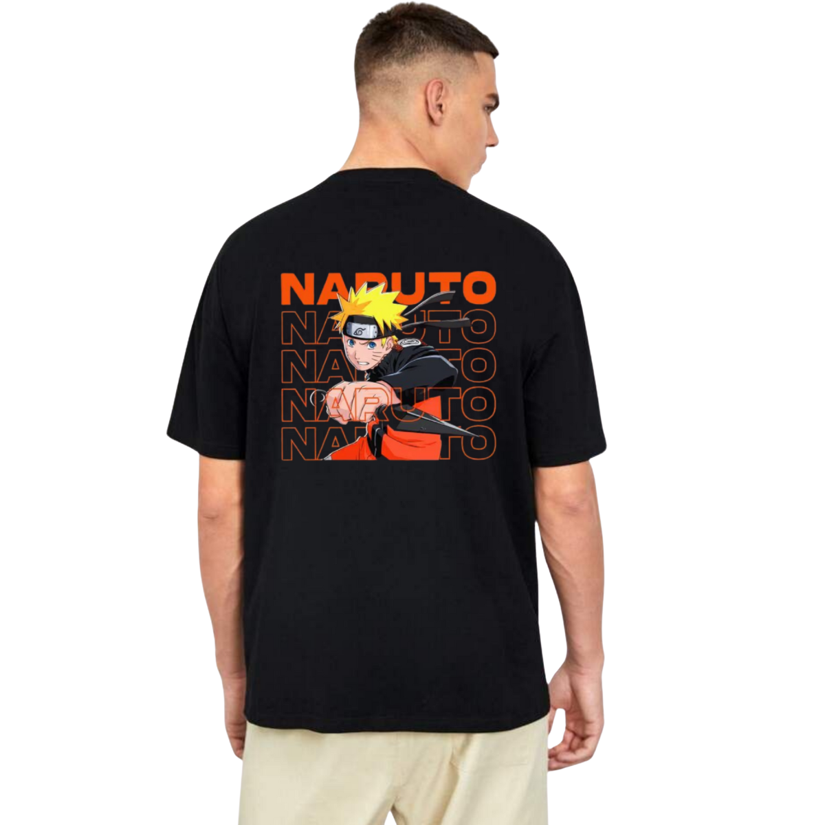 Man wearing black Naruto t-shirt with character graphic and orange text on back