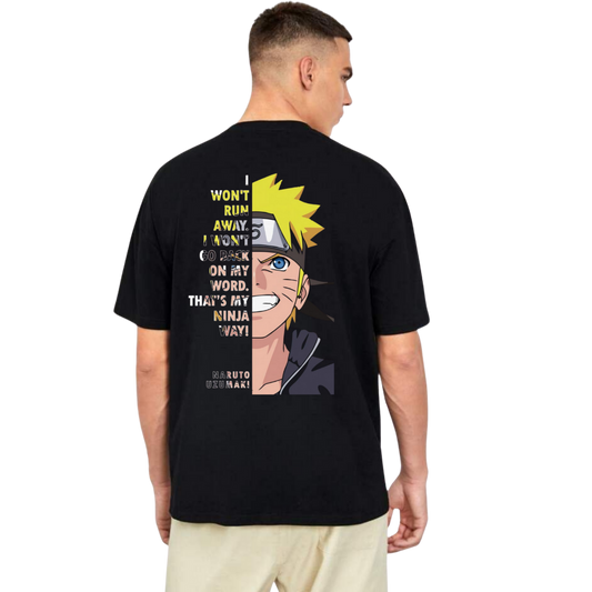 Black Naruto Uzumaki t-shirt with anime graphic and quote on back worn by man