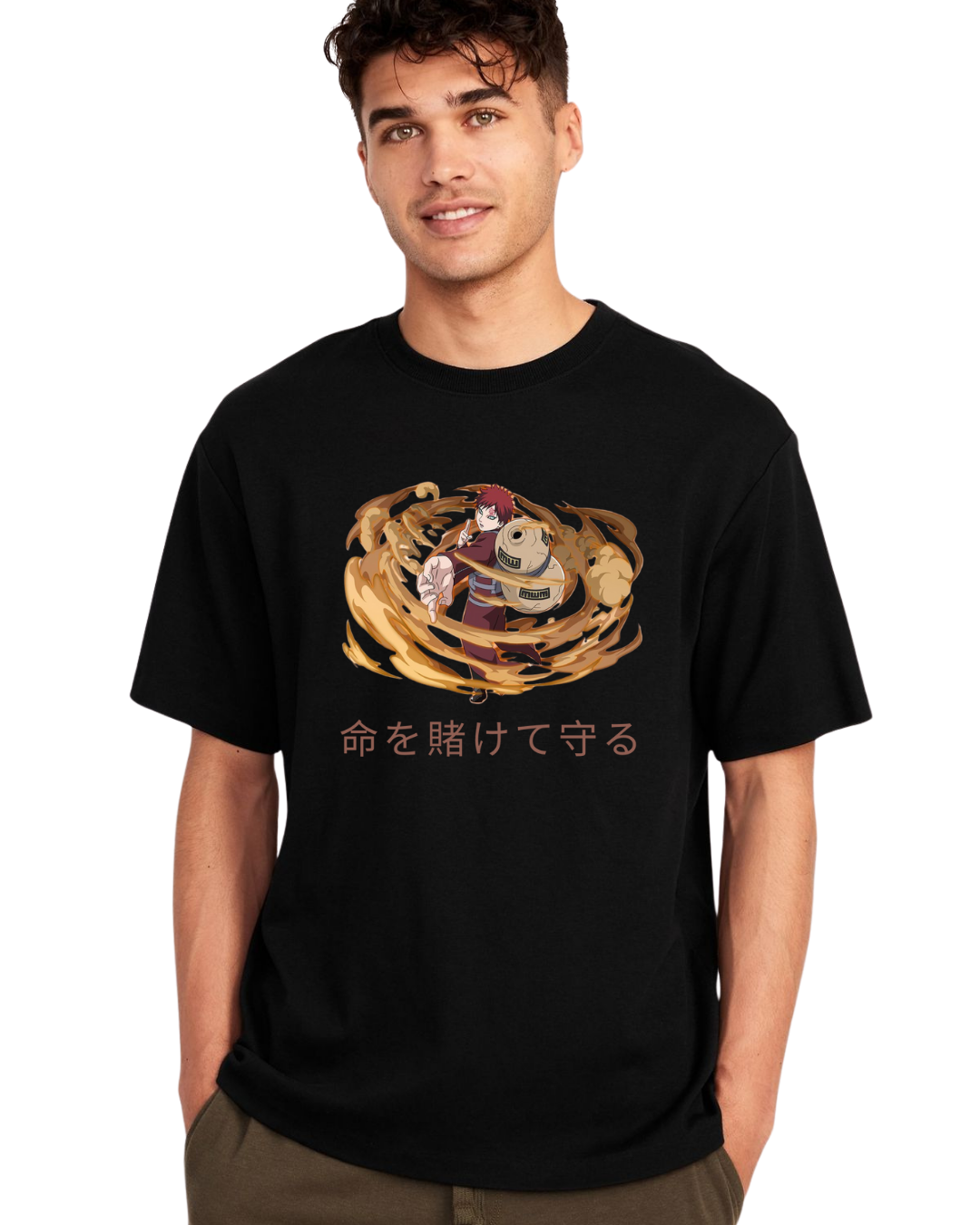 Man wearing a Gaara black t-shirt with a graphic design and text on a white background