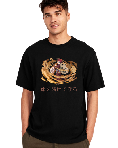 Man wearing a Gaara black t-shirt with a graphic design and text on a white background