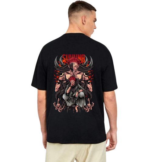 Person wearing a Ryomen Sukuna black t-shirt with a graphic design on the back
