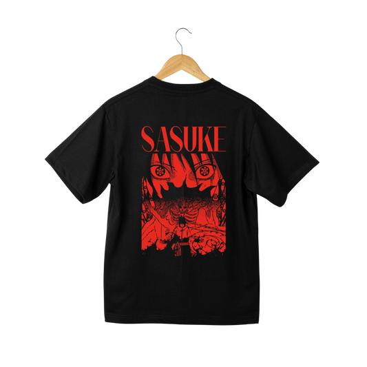 Black T-shirt with red Sasuke anime graphic and bold Sasuke text on back, hanging on wooden hanger