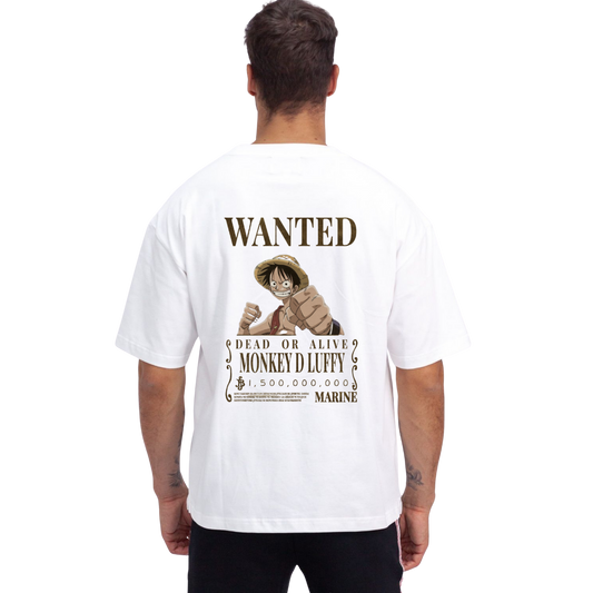 Person wearing a One Piece white t-shirt with a character design and text on the back.