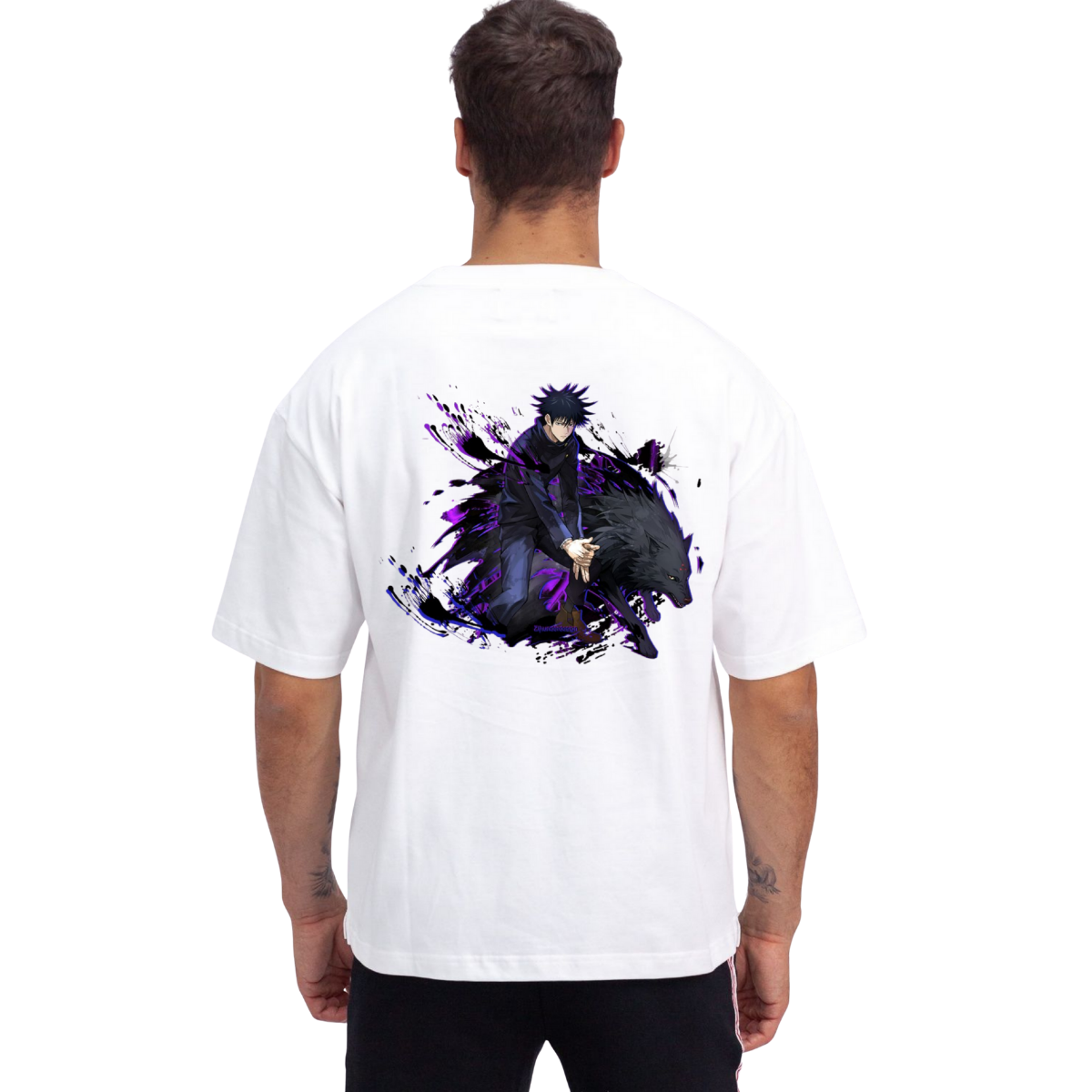 Person wearing aMegumi Fushiguro t-shirt with a graphic design on the back