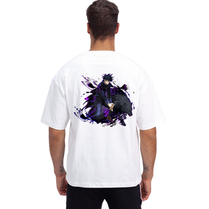 Person wearing aMegumi Fushiguro t-shirt with a graphic design on the back