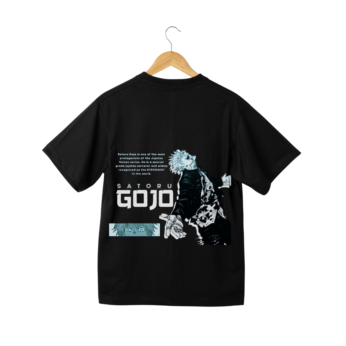 Goju Saturo Black t-shirt with a graphic design and text on a white background