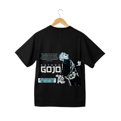 Goju Saturo Black t-shirt with a graphic design and text on a white background