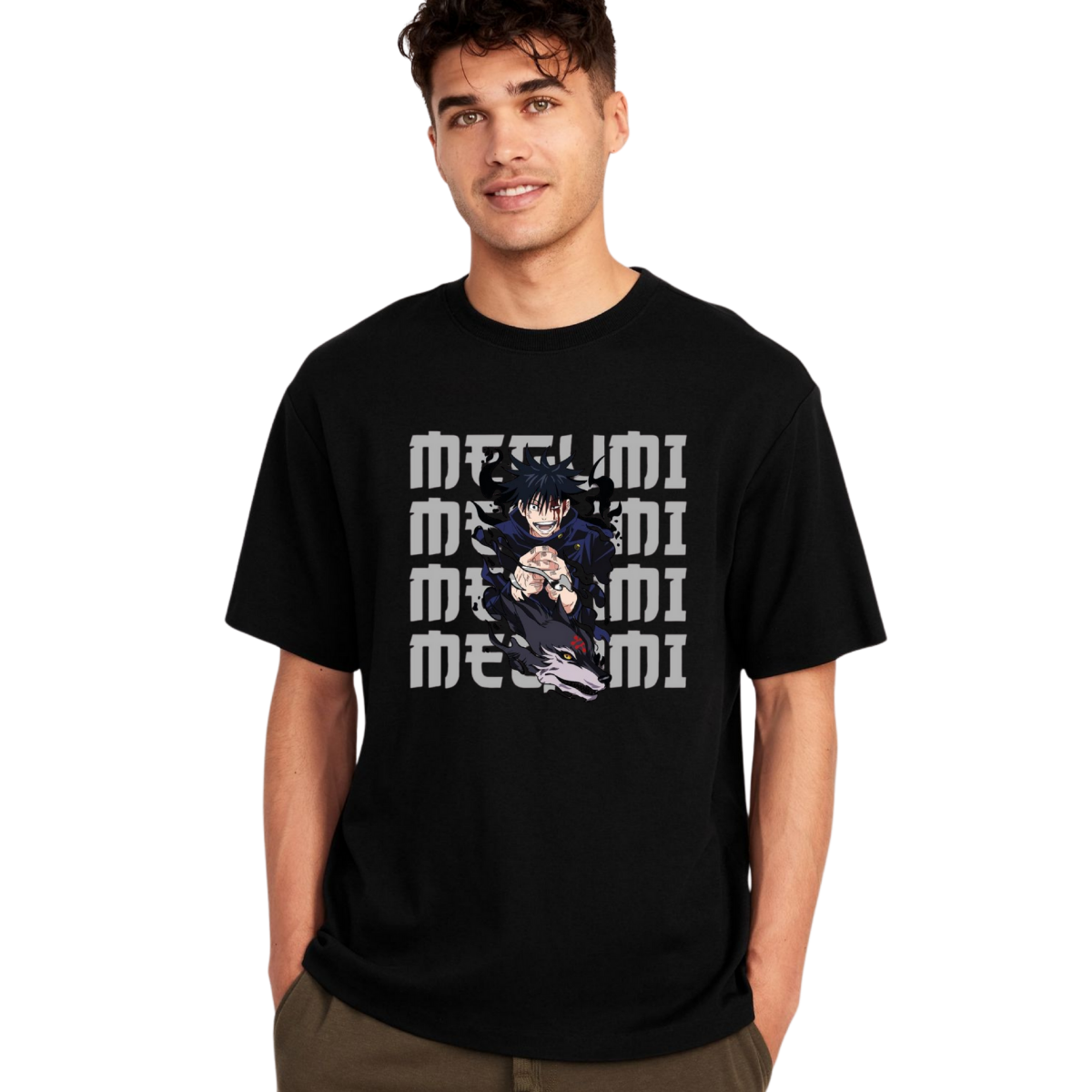Person wearing a Megumi Fushiguro black t-shirt with graphic design and text