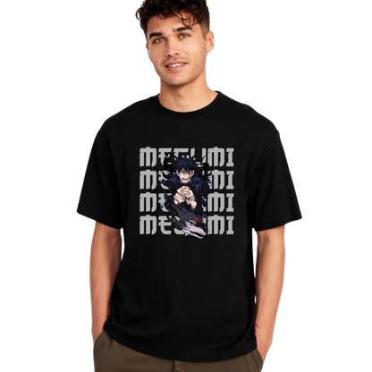 Person wearing a Megumi Fushiguro black t-shirt with graphic design and text