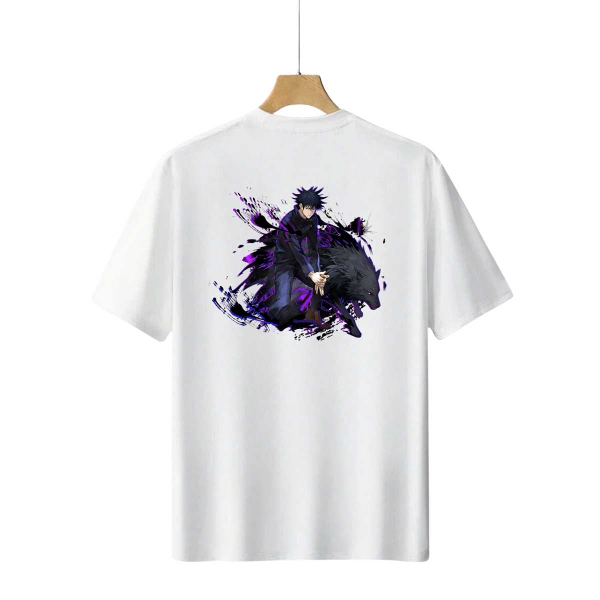 Megumi Fushiguro t-shirt with an anime character graphic on a white background