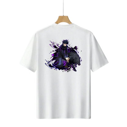 Megumi Fushiguro t-shirt with an anime character graphic on a white background