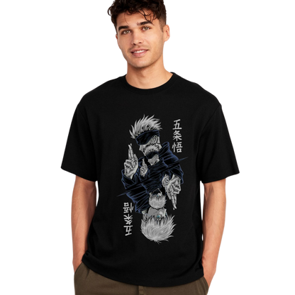 Man wearing a Goju Saturo black t-shirt with graphic design and text