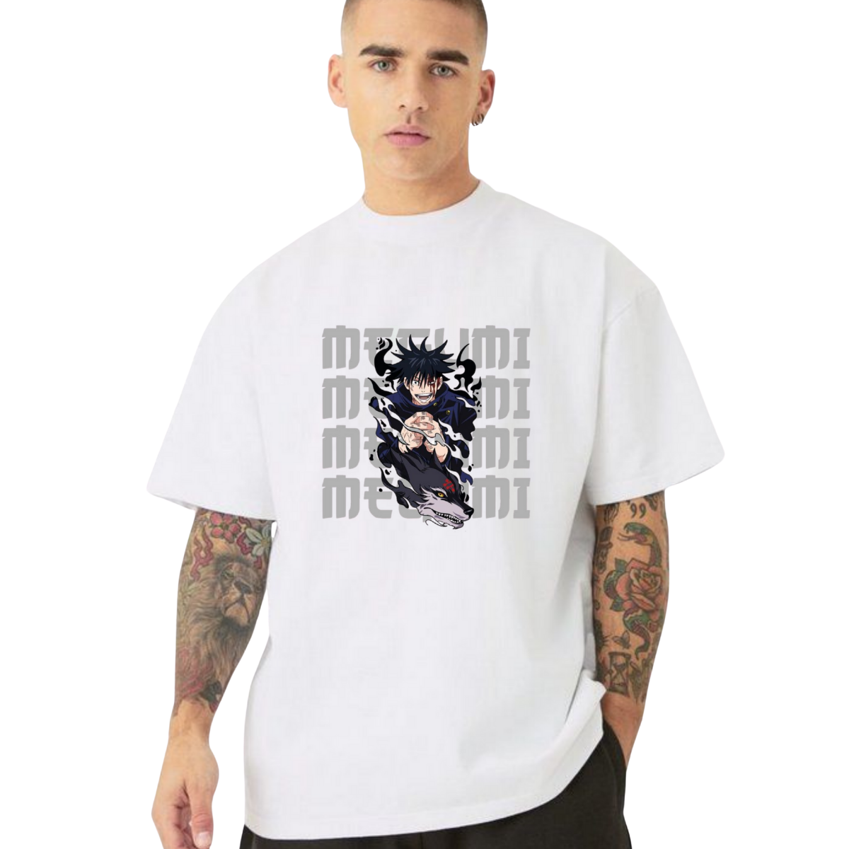 Person wearing a Megumi Fushiguro t-shirt with an anime character and text design.