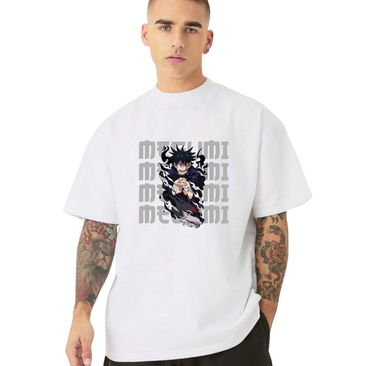 Person wearing a Megumi Fushiguro t-shirt with an anime character and text design.