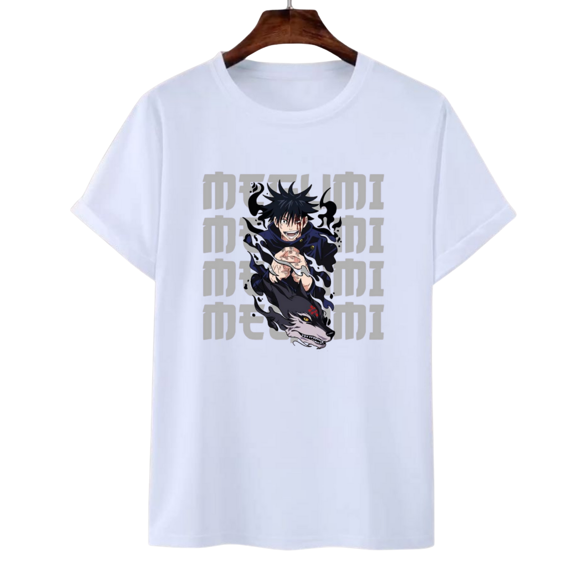 Megumi Fushiguro White t-shirt with anime character and text on a white background