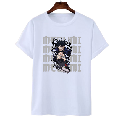 Megumi Fushiguro White t-shirt with anime character and text on a white background